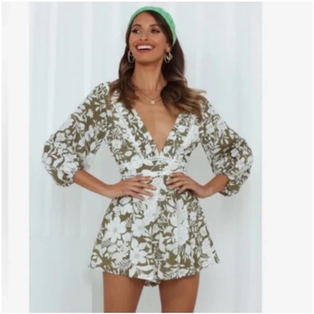 One and Only Collective Muted Green & White Floral Plunge Romper. Size S